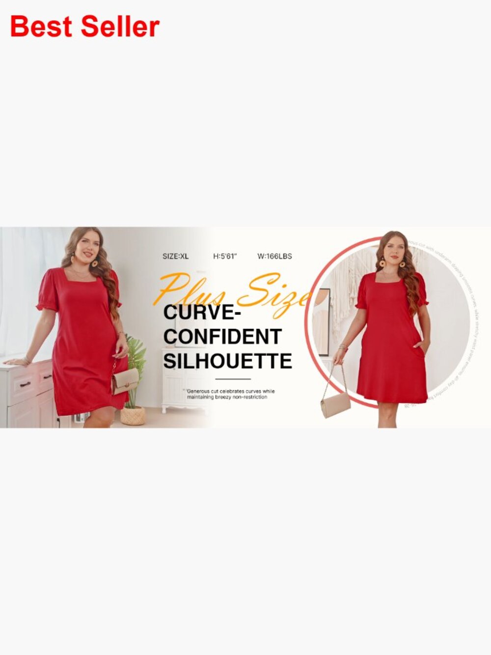 Square Neck Puff Sleeve Midi Dress with Pockets - Picture 7 of 7